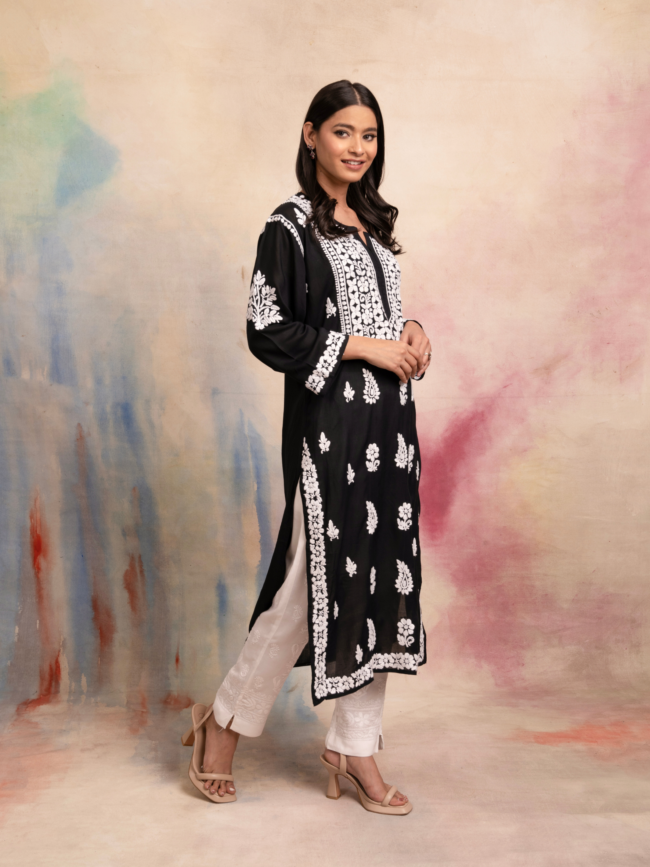 White and black kurti in cotton with checks print and fancy hem line only  on Kalki